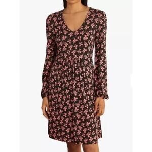 Boden Hattie Clover Print Jersey Sz 8P Black‎ Pink A-Line Long Sleeve Dress